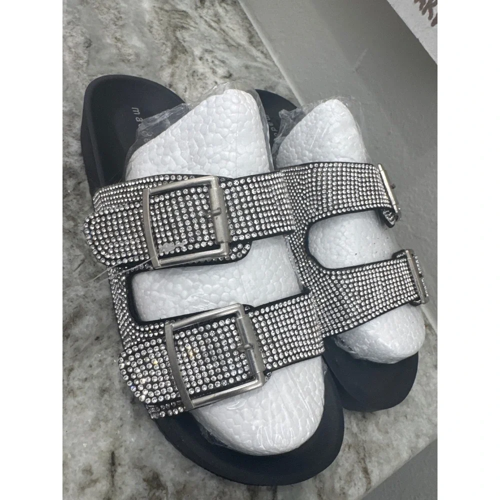 Madden Girl women's rhinestone-embellished double-buckle slide sandals NWOT 8